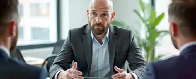 A businessman reviewing financial reports with a cityscape background